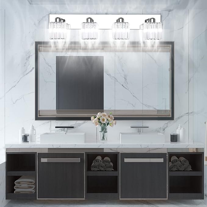 Aipsun Bathroom Light Fixtures Crystal Modern Vanity Lighting Fixtures 4 Light Chrome Bathroom Vanity Light (Exclude Bulb)