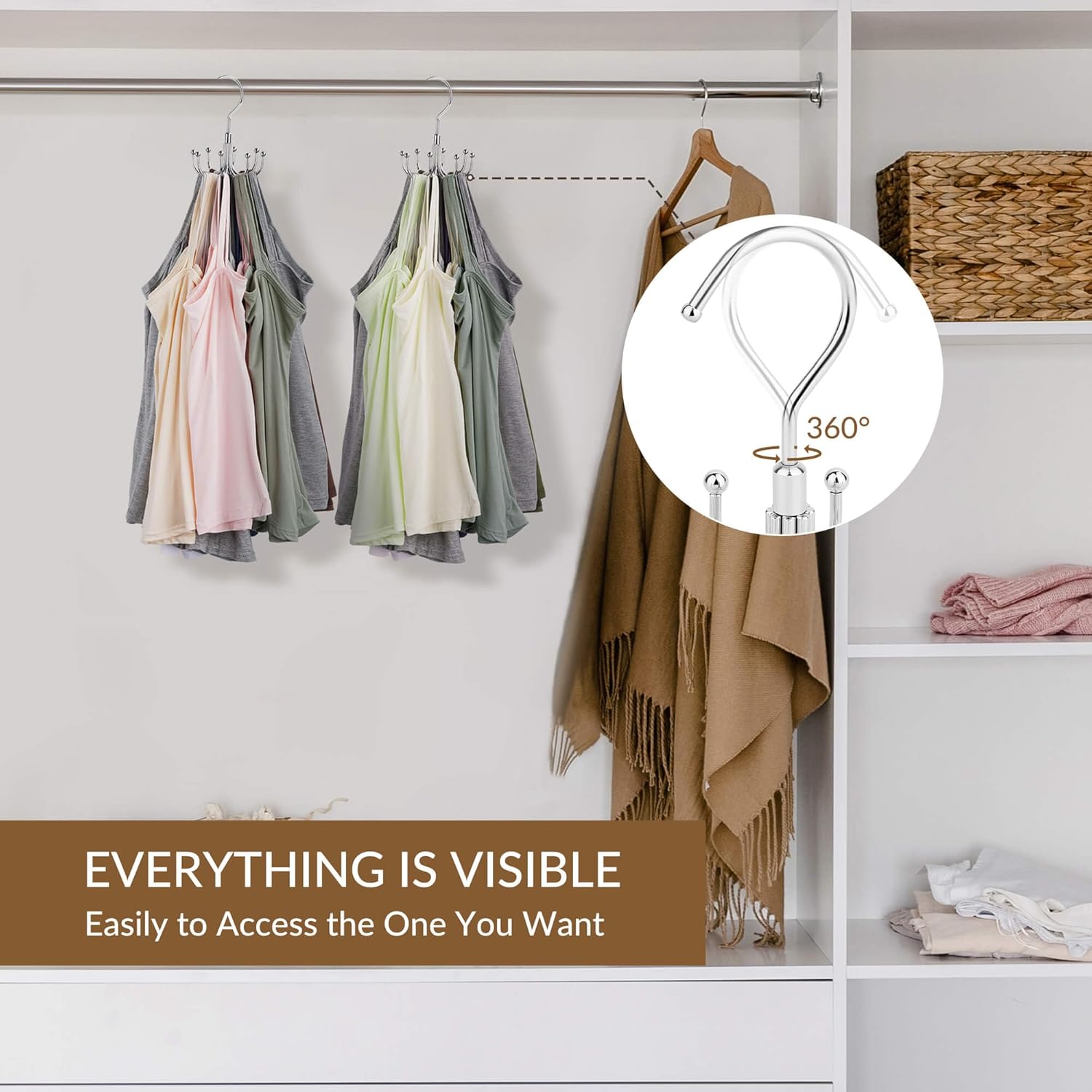 ZEDODIER Tank Top Hanger, 2 Pack Rotatable Bra Organzier for Closet, Max 48 Storage Capacity Sport Bra Holder, Metal Space Saving Closet Organizers and Storage, Silver