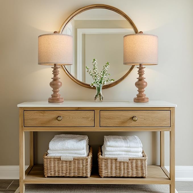 BOBOMOMO 20" Rustic Bedside Lamps Set of 2- Vintage Resin Table Lamps for Nightstands with Linen Shades, Farmhouse Lamps for Living Room, Bedroom, and Hallway (Light Brown) - Ideal for Compact Spaces