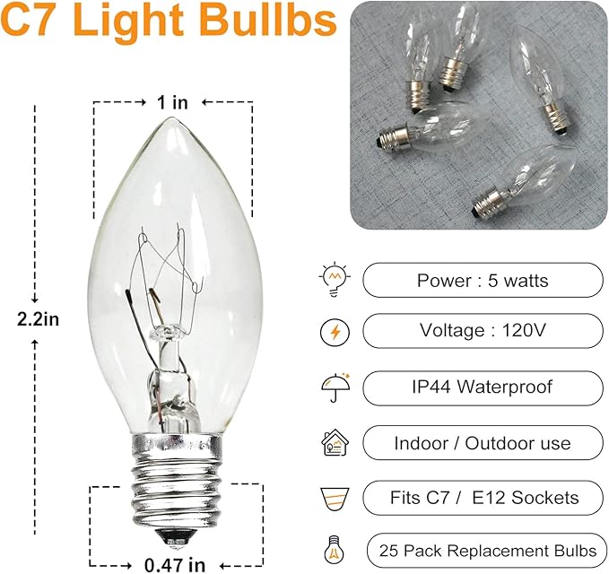 25 Pack C7 Clear Replacement Bulbs, 120V 5W Incandescent, C7 Christmas Lights, E12 Candelabra Base, Halloween Bulbs Warm White for Patio Outdoor String Lights Decor, Night Light