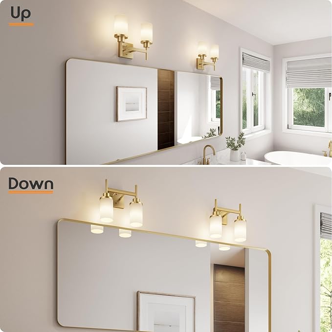 Vanity Lighting Fixtures with White Frosted Glass Shade, Double Wall Lamps for Bathroom Mirror Bedroom Living Room Washroom Porch, Gold T001GD-L2