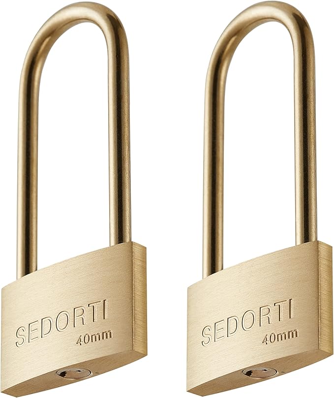 Weather Proof Lock, Keyed Alike Solid Brass Padlocks with Long Brass Shackle, Light Duty, 1-1/2" Wide Body, Marine Padlock, Anti Rust Lock, 2 Pack