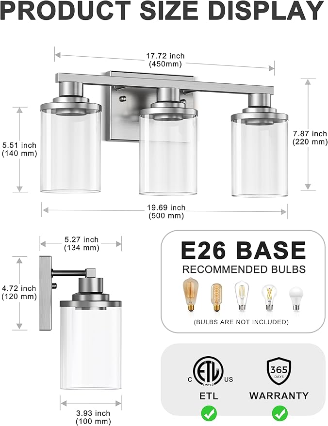 DORESshop Bathroom Light Fixtures, 3-Light Brushed Nickel Bathroom Lighting Fixtures Over Mirror with Clear Glass Shade, Modern Wall Sconce for Mirror Bedroom Hallway, ETL Listed