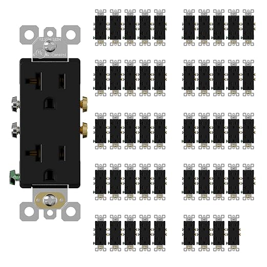ELEGRP Glossy Black Decorator Electrical Wall Outlet Receptacle, 20A 125V Standard Outlets, 2 Pole 3 Wire, Non-Tamper Resistant, NEMA 5-20R, Self-Grounding Wall Outlet, UL Listed, 50 Pack