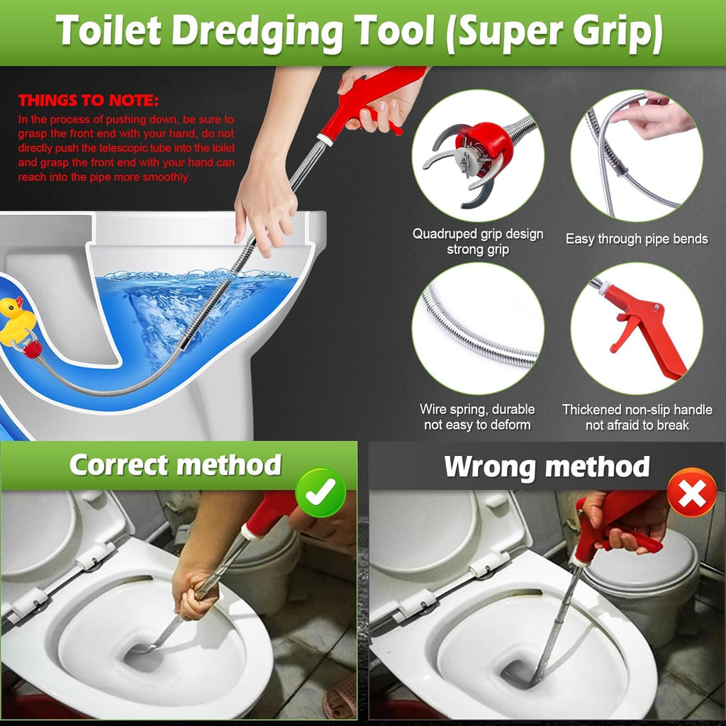 51 Inch Toilet Auger Snake with 4 Claw Grabber Fits Pipes 1.6 Inches or Larger Flexible Clog Removal Tool for Toilets and Drains Includes Gloves and Cleaning Brushes