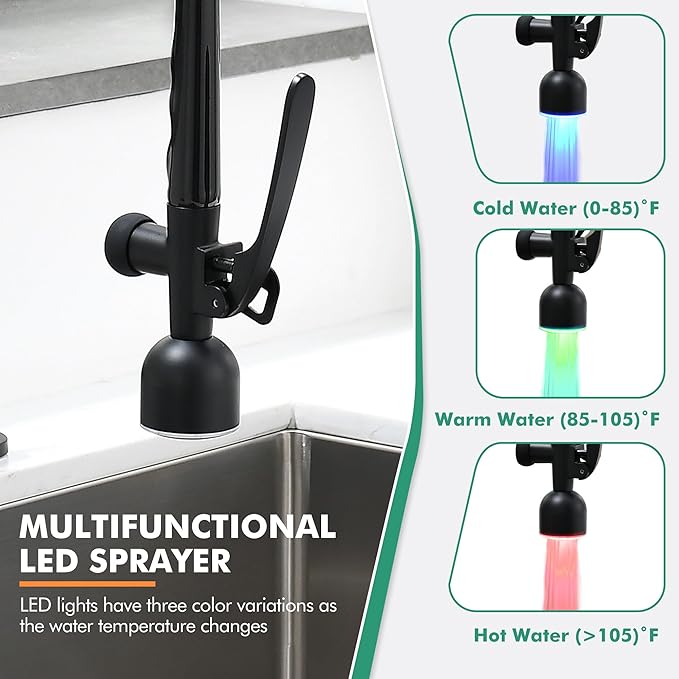 GIMILI Kitchen Faucet with LED Single Handle Kitchen Sink Faucet with Pull Down Sprayer Commercial Double-Headed Stainless Steel Kitchen Faucets Sink with Deck Plate Matte Black
