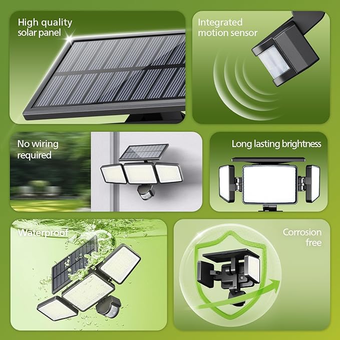 Philips Solar Security Light Outdoor 302 LED 1200lm，Solar-Powered Waterproof Wall-Mounted Flood Light w/PIR Motion Sensor, 3 Heads, IP65 Waterproof, 3 Modes (2 Packs)