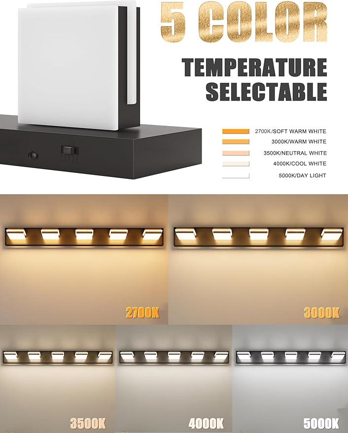 VOLISUN 5CCT Bathroom Light Fixtures Over Mirror, Dimmable, 360°Rotatable Head, 40 inch, 5 Light Bathroom Vanity Light Fixtures, Black LED Vanity Lights for Bathrooms-ETL Certificated