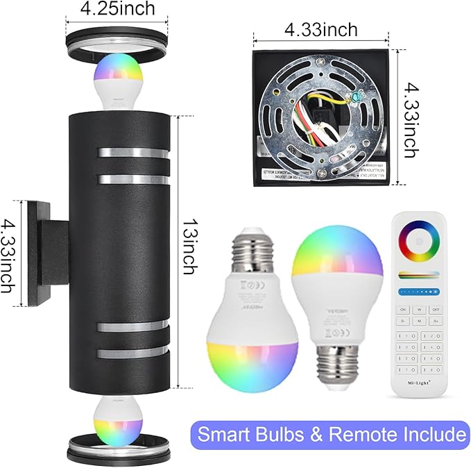 wowlite Outdoor Wall Lights for House, Remote Control Smart RGBCW Up and Down Lights Outdoor Sconce RGB Color Changing, Black Cylinder Aluminum Exterior Lighting Fixtures for Porch Garage, ETL Listed