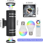 wowlite Outdoor Wall Lights for House, Remote Control Smart RGBCW Up and Down Lights Outdoor Sconce RGB Color Changing, Black Cylinder Aluminum Exterior Lighting Fixtures for Porch Garage, ETL Listed
