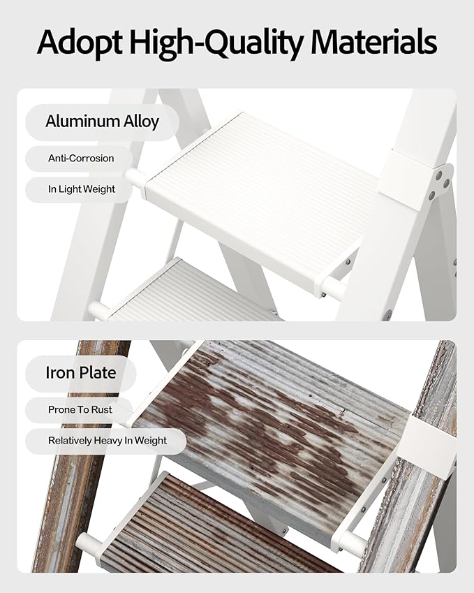 6 Step Ladder, Aluminum Folding Step Stoowith Convenient Handgrip,Lightweight 330lbs CapacityStep Ladder for Household, Ofice, Kitchen(White)