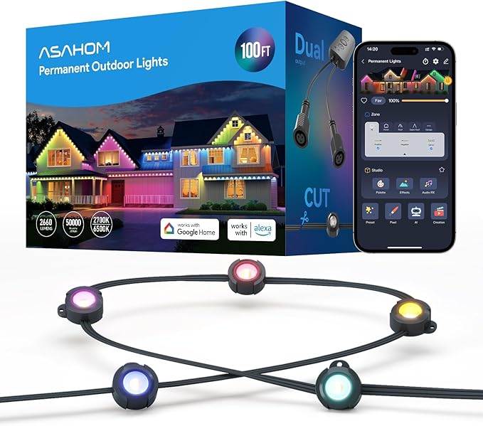 ASAHOM AI Permanent Outdoor Lights S107B, 100FT with 72 RGBCW LED Lights and Dual Output, 30,000 Lighting Effect Combination, IP67 Waterproof for House Halloween Christmas and Daily Decoration, Black