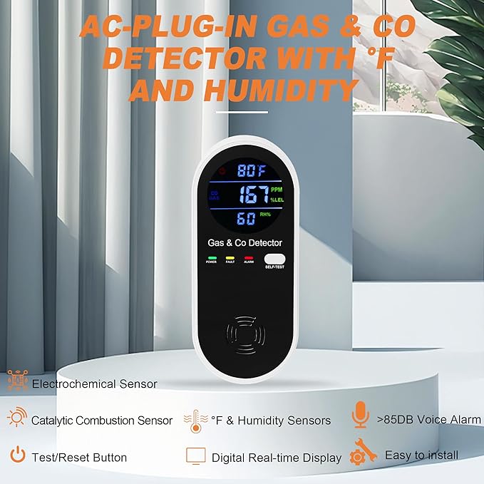 Combination Natural Gas Detector & Carbon Monoxide Detector, 4-in-1 Carbon Monoxide Alarm,Fahrenheit(°F) & Humidity,Propane,Methane,Gas Detector Alarm & CO Detector for Home,RV,Apartment