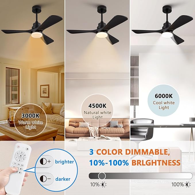 42 Inch Black Ceiling Fans with Lights and Remote Control,Dimmable LED Light,3 Wood Blades,Memory Function,Reversible DC Motor,Modern Indoor Outdoor Ceiling Fan for Bedroom Patios Office