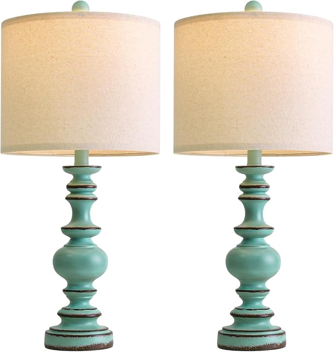 BOBOMOMO 24" Farmhouse Table Lamps Set of 2 – Distressed Teal Lamps with Linen Shades, Cottage Style Bedside Lamps for Bedroom, Living Room, or Entryway, Medium Height Lamps with Coastal Vintage Charm