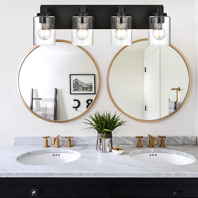 4 Light Bathroom Vanity Lights, Bathroom Lighting Fixtures over Mirror with Clear Glass Shades, Black Vanity Light For Bathoom, Modern Wall Sconces Vanity Lighting Fixture for Bathroom Hallway