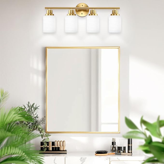 4-Light Vanity Lights, Brushed Gold Bathroom Light Fixture with Striped Textured Milky White Glass Shade, Modern Vanity Lighting Fixture for Bathroom Wall Light Over Mirror, E26 Wall Sconce