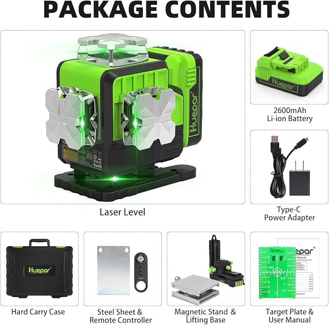Huepar 12V 4x360 Laser Level Self Leveling with Bluetooth and Remote Control, 4D Green Cross Line Laser, 16 Lines Lazer Leveler Tool for Construction, Upgrraded Bracket, Removable Battery P04CG