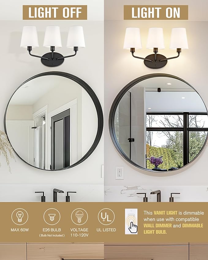 Emak Modern Black Vanity Light, Farmhouse Bathroom Light Fixtures with Flared White Fabric Shade, 3-Light Wall Sconces for Bathroom, Hallway, Bedroom, VL132-BK-WF-3