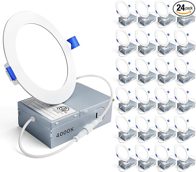 Ensenior 24 Pack 4 Inch LED Recessed Ceiling Light, Dimmable, 4000K Cool White, 750LM 9W 120V, High Brightness Canless Wafer Downlight - ETL&FCC&IC