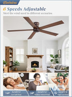 60 Inch Low Profile Ceiling Fan no Lights, Brown Farmhouse Ceiling Fan without Light, 6-Speeds, Quiet Reversible DC Motor, Indoor/Outdoor Ceiling Fans for Patio, Living Room, Bedroom