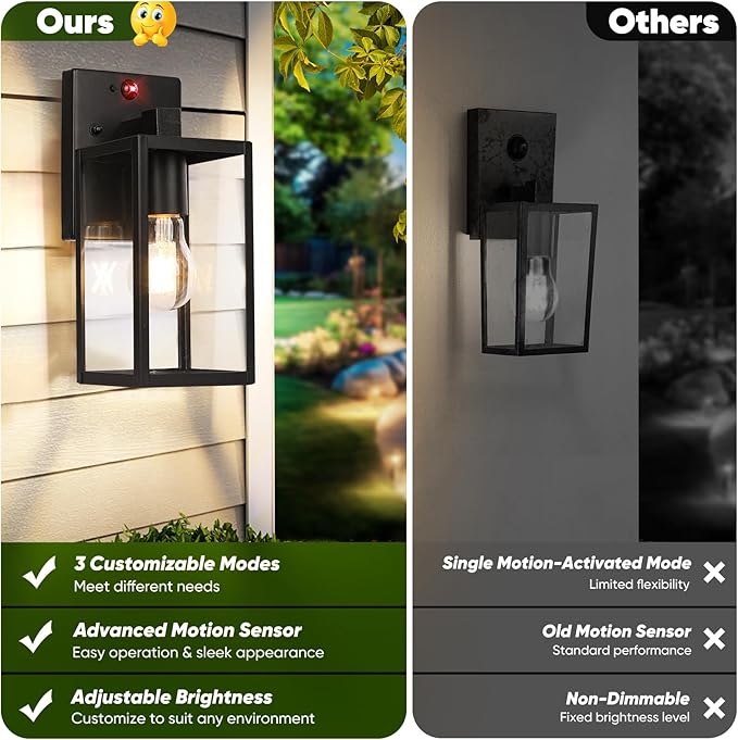 2-Pack Upgraded Motion Sensor Outdoor Wall Lights, 10.6” Small Dusk to Dawn Porch Lights Wall Sconce Lanterns, 3 Lighting Modes Exterior Lighting Fixtures, Black Outside Lights for House Front Door