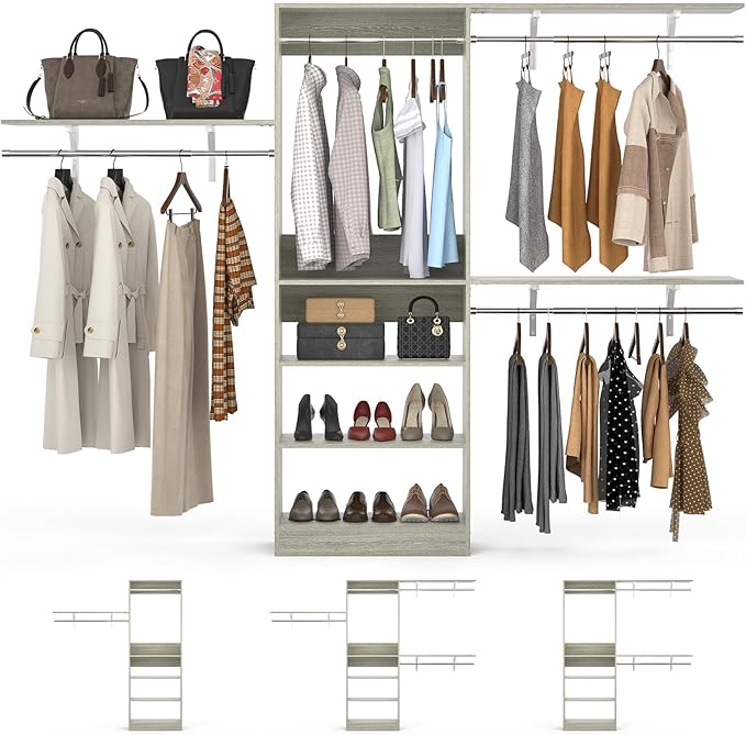 Armocity 96'' Closet System, 8FT Walk In Closet Organizer with 3 Shelving Towers, Heavy Duty Bedroom Wardrobe with 5 Shelves, Wall Mounted Clothes Rack (Can Be Cut To Fit), 96"L x16"W x75"H, White Oak