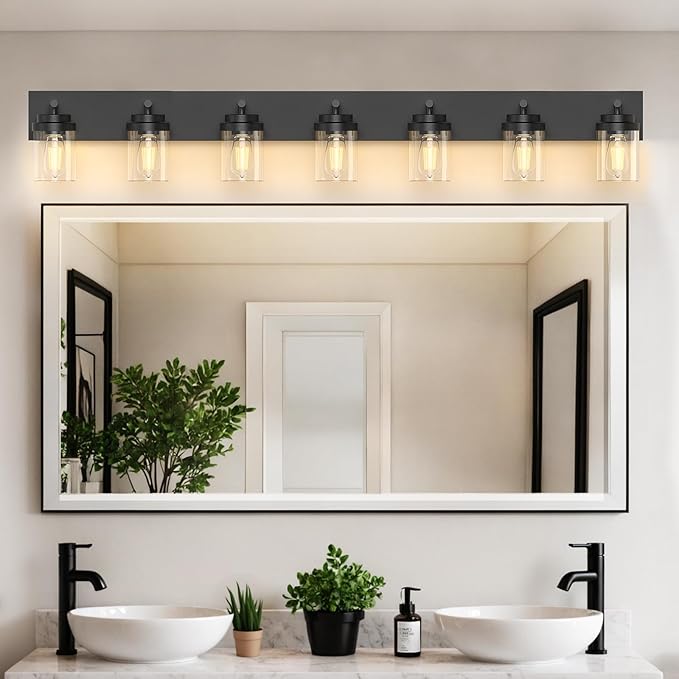 IZORRO Bathroom Vanity Light Fixture, 7-Light 51 Inch Matte Black Bathroom Light Fixtures Over Mirror, with Clear Glass Shade, Modern Farmhouse Vanity Lights, Rustic Restroom Lighting Fixtures