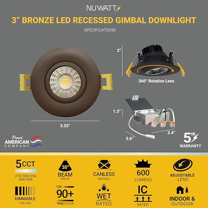 NUWATT | 16 Pack | Bronze 3 Inch Round Adjustable LED Ceiling Light Gimbal Recessed Lighting Dimmable Canless Light 5CCT 2700K | 3000K | 3500K | 4000K | 5000K 8W 600 Lumens IC-Rated Wet Rated 120V