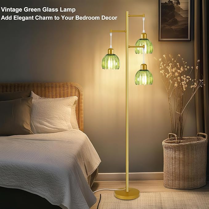 Glass Floor Lamps for Living Room, 3 Lights Mid Century Modern Standing Lamp with Foot Switch, Retro Gold Floor Lamp with Green Glass Shade, Vintage Tree Tall Lamps with Bulb for Bedroom Office