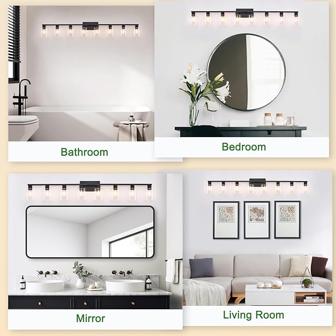 8-Light Black Vanity Light Fixtures,Large Bathroom Light Fixtures Clear Glass ShadeRust and Moisture Resistant Easy to Install Vanity Lights for Bathroom Light Over Mirror