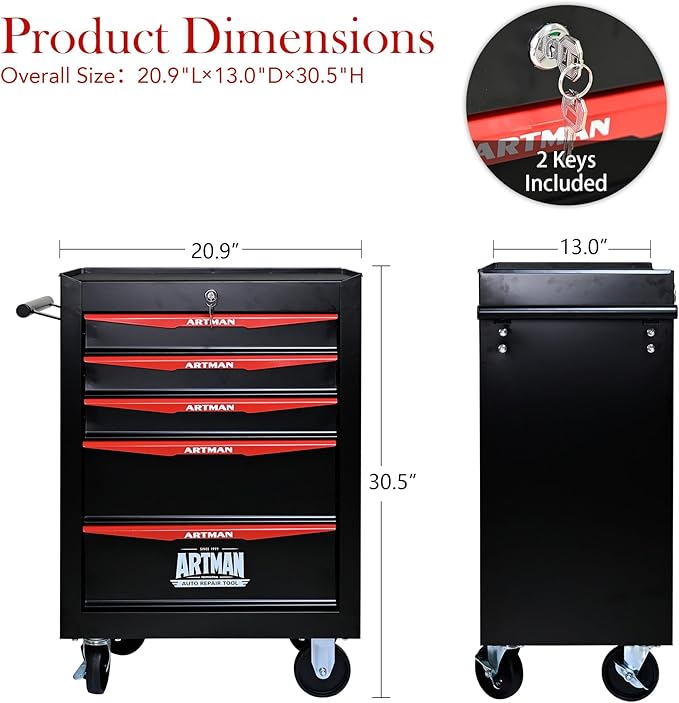 5-Drawer Steel Rolling Tool Cart with Wheels & Handle, Heavy-Duty Tool Chest Storage Cabinet for Garage and Workshop