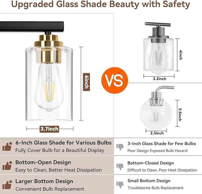 3-Light Bathroom Light Fixtures, 19" Modern Vanity Lights Over Mirror with Clear Glass Shades, Black & Gold Light Fixture, Classic Wall Light Fixture for Mirror Living Room Cabinet Bedroom Porch