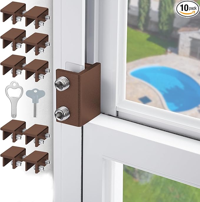 Window Locks for Sliding Windows - Sliding Window Lock Security with Keys - Adjustable Sliding Door Lock - Without Drilling Easv to Install Child Locks for Sliding Door,Patio Door(10 Sets Brown)