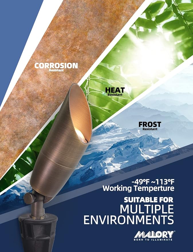 MALORY Solid Brass Landscape Spotlight 12-Pack with Bulb(S06), Low Voltage Front and Backyard Landscape Lighting with Large Rugged Slot Spike & Wire Connector,12V AC/DC Garden Patio Spot Up Light