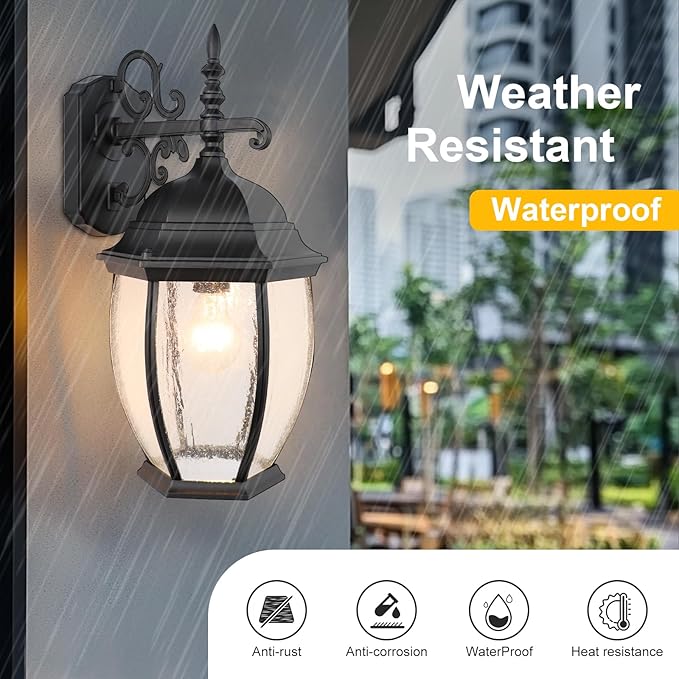 Outdoor Wall Lights, 16 Inch Wall Sconce with Glass Shades, Waterproof Porch Light Fixture, Mounted Exterior Lighting Fixtures for House Farmhouse Patio Doorway Garage (E26 Base Max 40W)