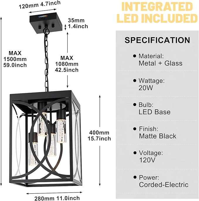 4-Lights LED Large 5CCT Outdoor Pendant Lights, Black Hanging Porch Lighting Fixture Build-in LED Chips with Clear Glass, Exterior Lantern Chandelier Ceiling Mount for Front Door Patio Garden