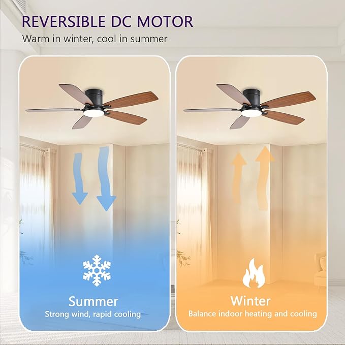 52inch Ceiling Fans with Lights, Low Profile Ceiling Fan with Light and Remote Control/APP Control, Flush Mount, Reversible Motor, Dimmable, Noiseless, Brown Ceiling Fan for Bedroom (Brown)