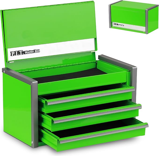 P.I.T. Mini Green Tool Box, Portable 3 Drawer Steel Stackable Tool Box with Magnetic Tab Locking, Green Micro Top Chest with Liner for Tools Storage and Organizers, Home DIY