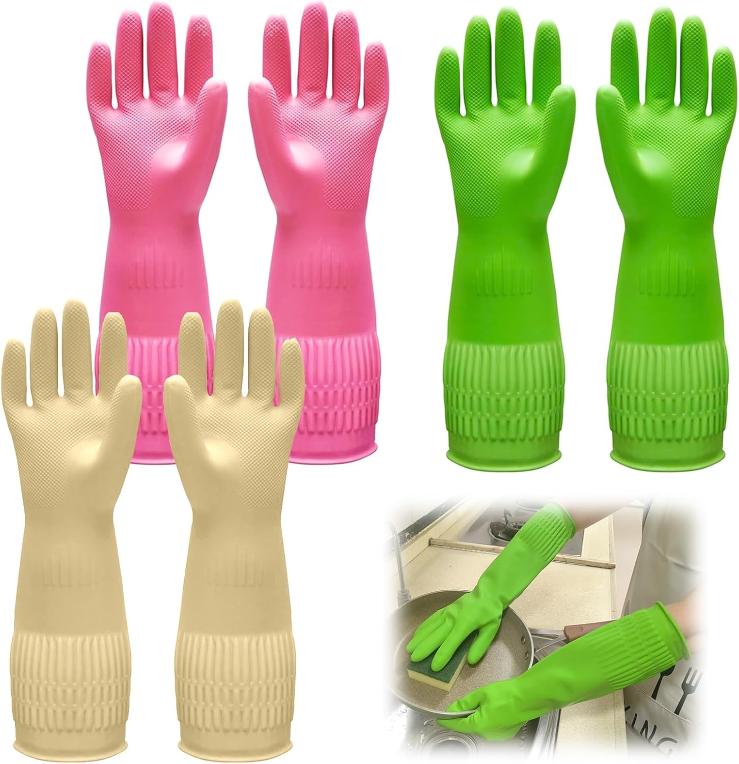 Rubber Dishwashing Gloves, 3 Pairs Reusable Gloves for Dishwashing, Non-Slip Kitchen Glove, Water Resistant Household Glove for Kitchen Bathroom (Medium, Green+Pink+Yellow)