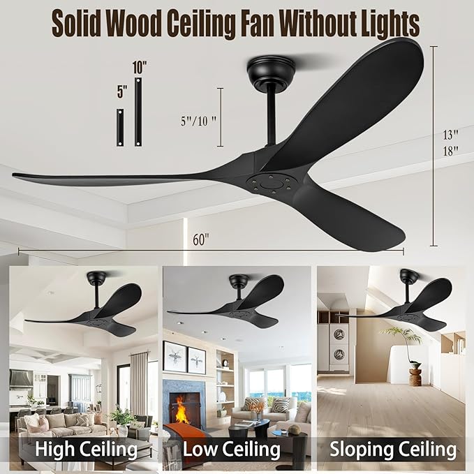 60" Ceiling Fans Without Light, Wood Ceiling Fan with Remote Control and Quiet DC Motor, Ceiling Fan no Light 3 Blades, Outdoor Ceiling Fans for Patios without Lights
