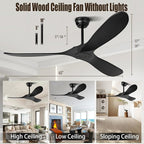 60" Ceiling Fans Without Light, Wood Ceiling Fan with Remote Control and Quiet DC Motor, Ceiling Fan no Light 3 Blades, Outdoor Ceiling Fans for Patios without Lights