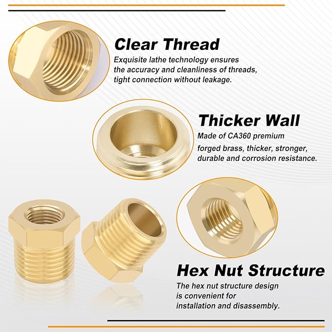 KOOTANS 4pcs Heavy Duty 3/8 NPT Male Thread to 1/8 NPT Female Thread Brass Reducer Hex Bushing Brass Fitting Pipe Hose Tube Adapter Convert