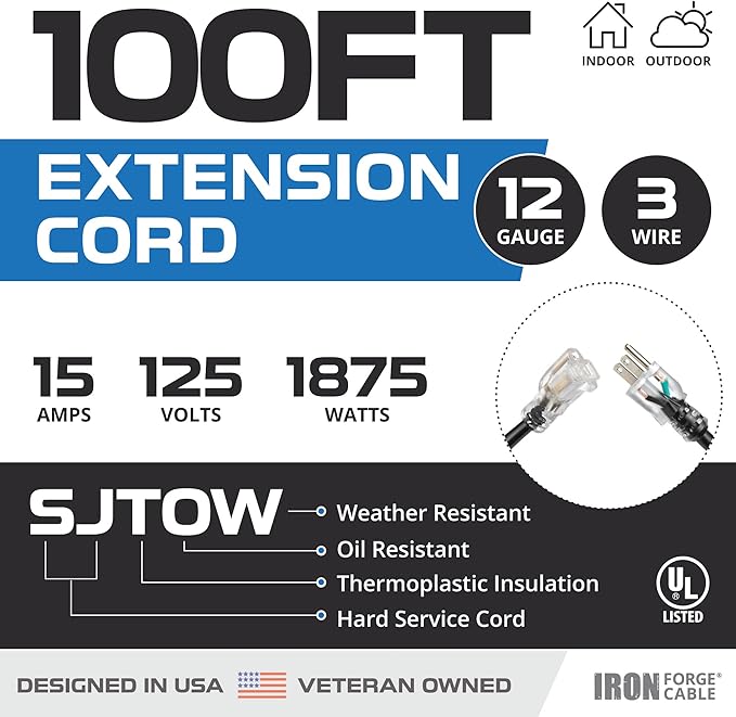 Iron Forge Cable 12 Gauge Outdoor Extension Cord 100 Ft, SJTOW 12/3 Heavy Duty Extension Cord 3 Prong, Oil Resistant & Flame Retardant - Lighted End