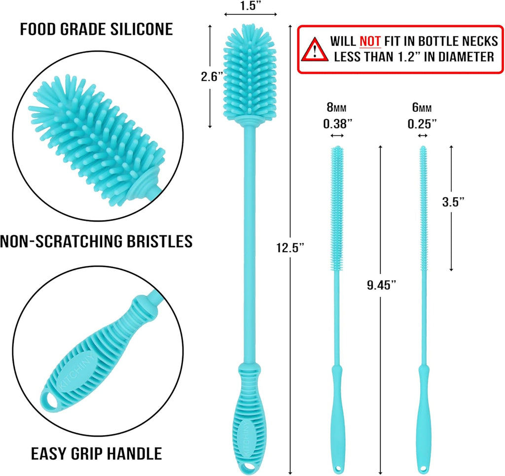 12.5” Silicone Bottle Brush & Straw Cleaner Brush Set | Water Bottle Cleaner for Hydro Flasks, Tumblers, Glassware, Vases and Narrow Neck Containers