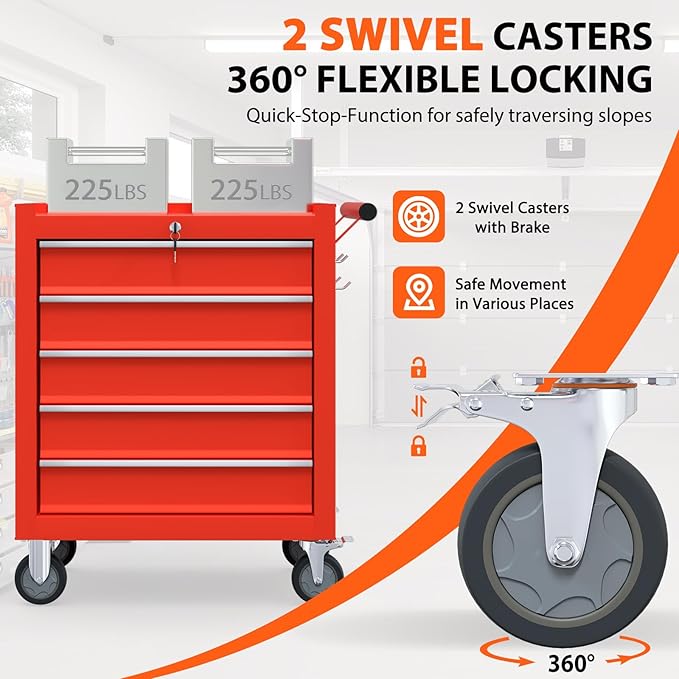 5-Drawer Rolling Tool Chest, Tool Box with 4 Wheels and Drawers, High Capacity Detachable Mobile Tool Storage Cabinet for Garage, Workshop, Mechanics and Repair Room (Red)