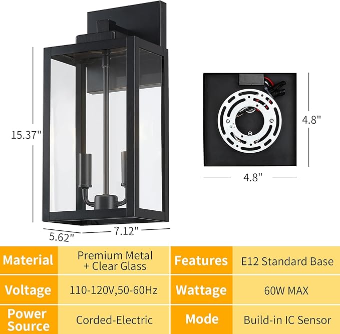 15.5" Black Outdoor Wall Lantern 2-Light, Outdoor Light Fixtures Modern Wall Sconces, Industrial Porch Light Large Outside Lights for House with E12 Sockets, Exterior Lamp Lighting, 1 Pack