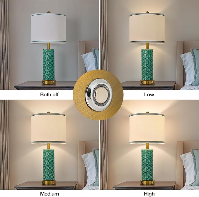 Set of 2 Table Lamp for Living Room Bedroom Farmhouse,26'' Touch Control Bedroom Turquoise Ceramic Lamps 3-Way Dimmable Bedside Lamps with USB A+C Ports Linen Shade for Home