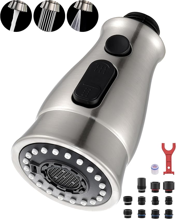 J-HVA Kitchen Faucet Sprayer Head Replacement with 15 Adapters (UPDATED) - Pull Down Kitchen Sink Faucet Spray Nozzle Head Replacement 3-Function Tap Spray Head for Kitchen Sink, Brushed Nickel