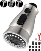 J-HVA Kitchen Faucet Sprayer Head Replacement with 15 Adapters (UPDATED) - Pull Down Kitchen Sink Faucet Spray Nozzle Head Replacement 3-Function Tap Spray Head for Kitchen Sink, Brushed Nickel